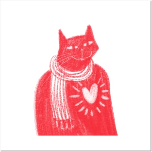 Chic red cat with scarf and heart Posters and Art